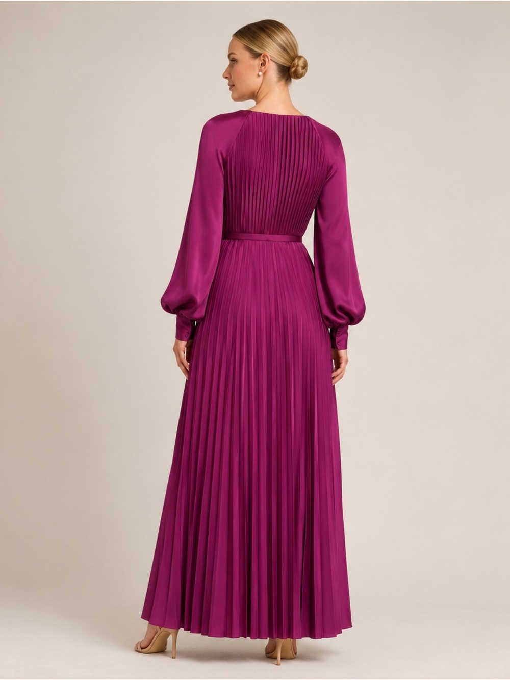 IEENA FOR MAC DUGGAL Pleated High Neck Long Sleeve Gown with Slit - Picture 2 of 13